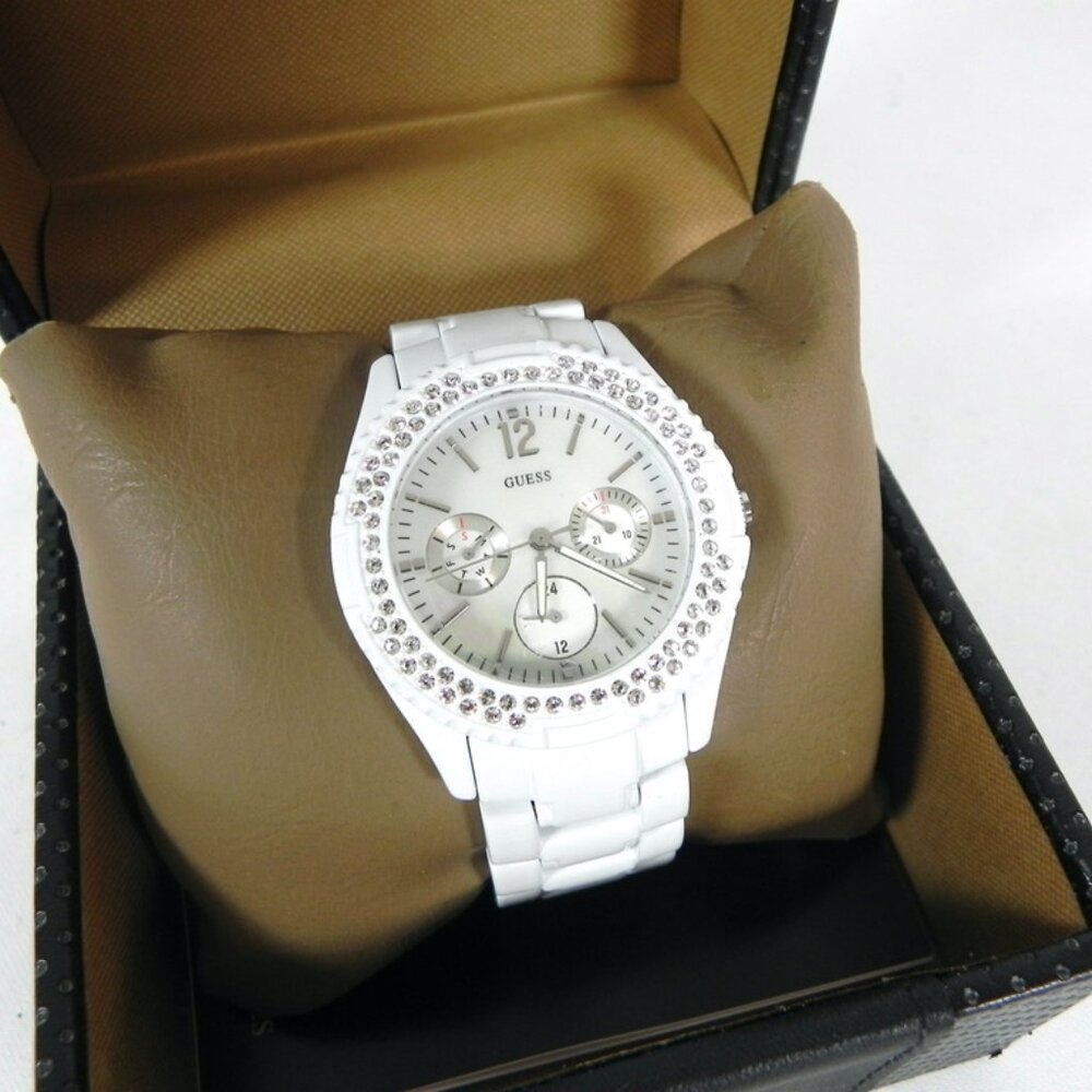 NWT Guess Ladies Mother-Of-Pearl Watch | White Ceramic with Crystals Wristwatch
